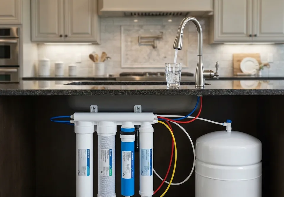 Under-sink reverse osmosis system with filter cartridges and storage tank below a kitchen counter with a dedicated drinking water faucet