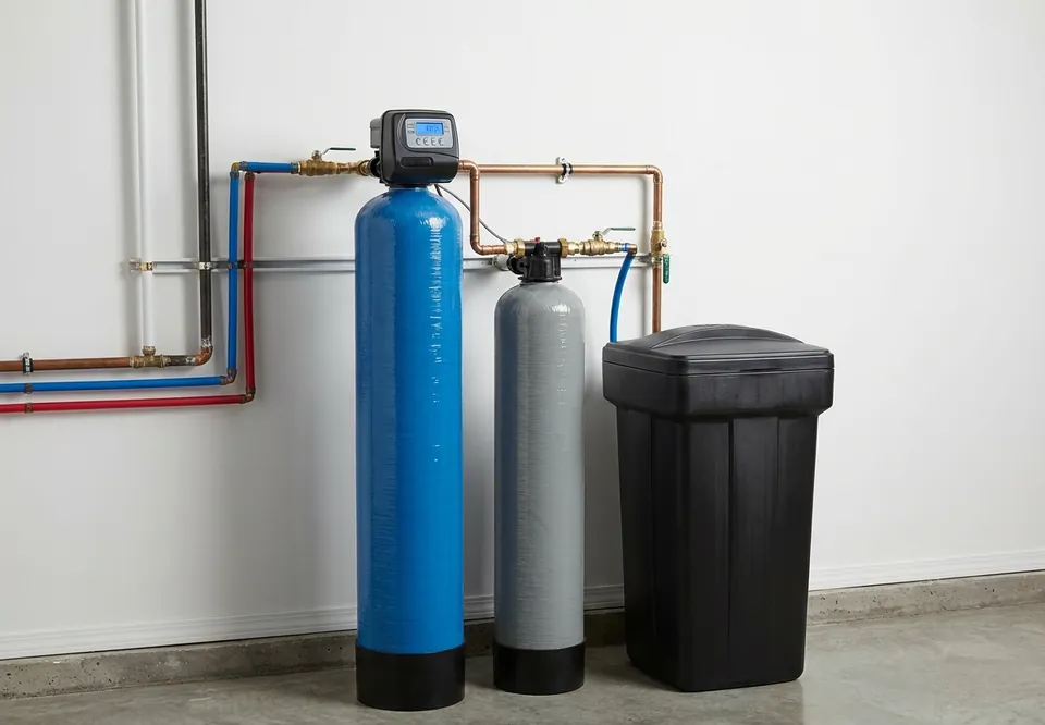 Whole-home water filtration tank and water softener with brine tank, plumbed into a home's main water line in a garage